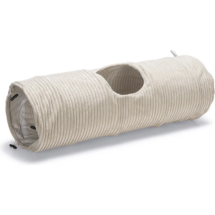 Designed by Lotte Katzentunnel RIBBED, hellgrau, mit 3 Öffnungen und stabilen Metallringen, 25x75cm