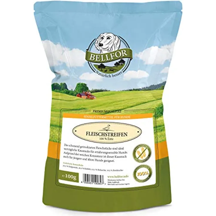 Bellfor Hunde-Trockenfutter, Gesunder Enten Trockenfleisch Snack, 100% Entenfleisch ohne Zusätze, 100 g