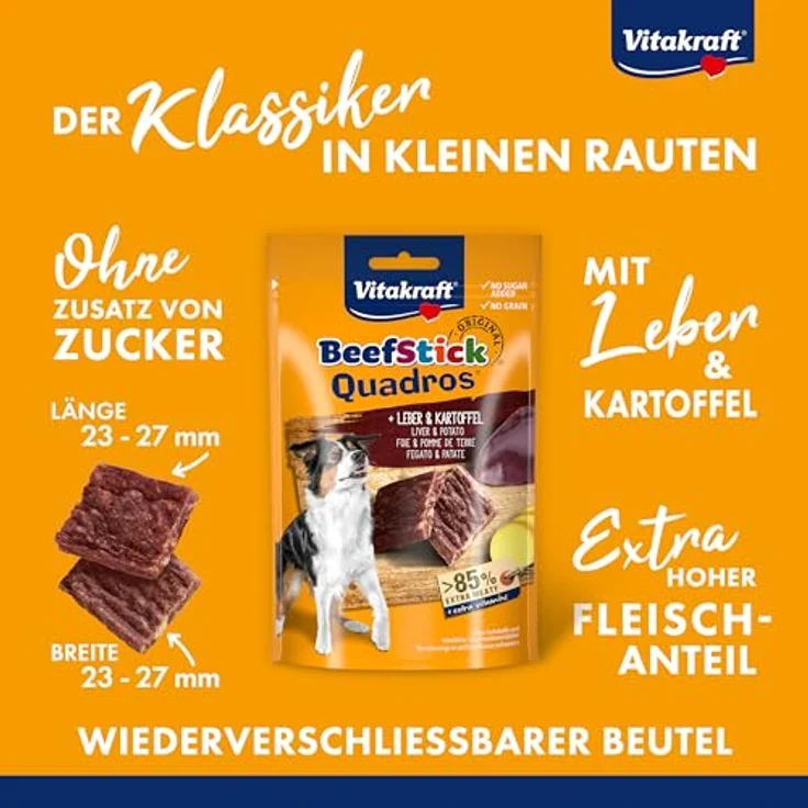 Vitakraft Beef Stick Quadros, Sparpaket mit 7 x 70 g - Leber & Kartoffel, proteinreiche Hundesnacks, getreidefrei, über Buchenholz geräuchert – Bild 2