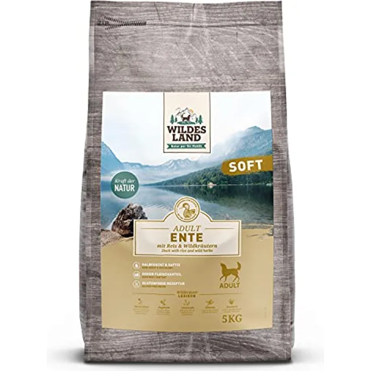 Wildes Land Halbfeuchtes Trockenfutter für Hunde, Ente, 5 kg, glutenfrei, mit Reis und Wildkräutern, hoher Fleischanteil, für alle Hunderassen
