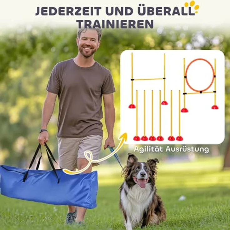 PawHut Agility Set, 3-teiliges höhenverstellbares Trainingsset mit Sprunghürde, Sprungring und Slalomstangen, Orange-Gelb, befüllbar für Koordinationstraining – Bild 4