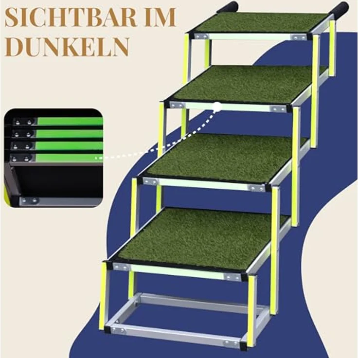 PRIORPET Hundetreppe Auto Klappbar, 4 Stufen, bis 77kg, Anti-Rutsch Kunstrasen mit leuchtender Leitmarkierung, gelenkschonend, faltbar für kleine Wagen und Kombis – Bild 5