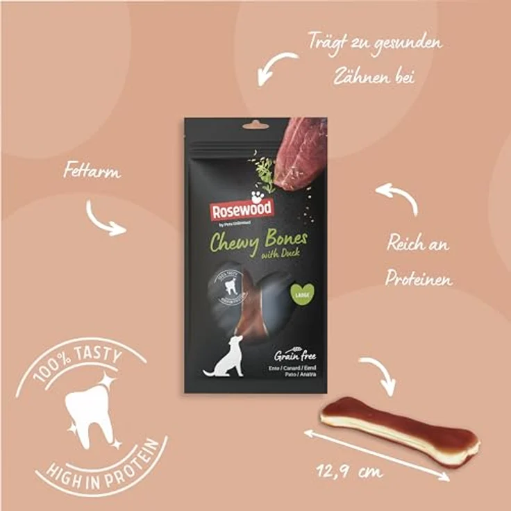 Rosewood Chewy Bones Ente Large, Kauknochen für Hunde aus Rinderhaut mit Ente, proteinreich, ohne Getreide, ohne künstliche Zusatzstoffe, 90 g – Bild 3