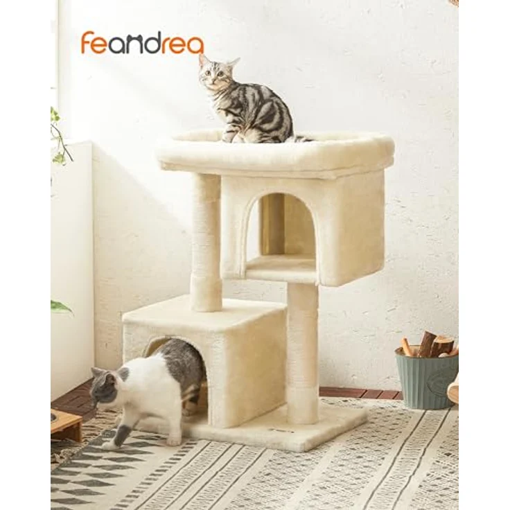 Feandrea Kratzbaum PCT61M, 84 cm Katzenbaum für große Katzen bis 7 kg, große Plattform, 2 Katzenhöhlen, Sisalstämme, beige – Bild 2