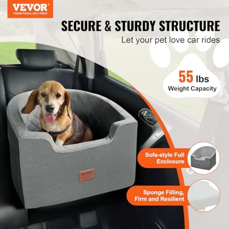 VEVOR Hunde Autositz, 560 x 508 x 410 mm, mit Aufbewahrungstasche, Sicherheitsleine und Schwammfüllung, für kleine und mittelgroße Hunde bis 25 kg, Grau – Bild 2