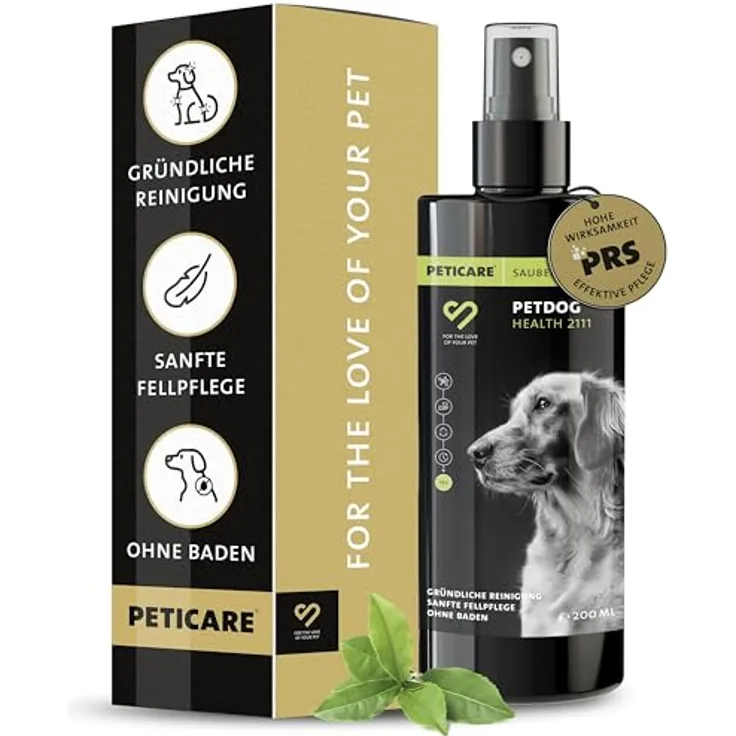 Peticare® Hunde Trockenshampoo, 200 ml – Natürliches Hundeshampoo gegen Geruch & Schmutz, ohne Wasser, mit Argan- & Kokosöl für alle Fellarten, sanfte Pflege für Hunde & Welpen