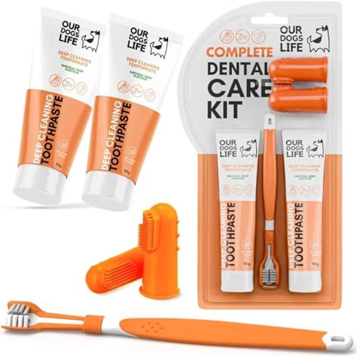DogsLife Hundezahnbürste Set, dreiköpfige Zahnbürste mit 100% natürlicher Zahnpasta gegen Zahnstein und Zahnbelag, für frischen Atem, geeignet für alle Rassen – Bild 1