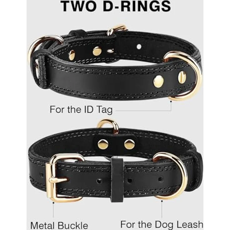 Joytale Hundehalsband Leder, Weiches Echtleder Halsband für mittlere Hunde, Langlebig und Verstellbar, Schwarz, M – Bild 4