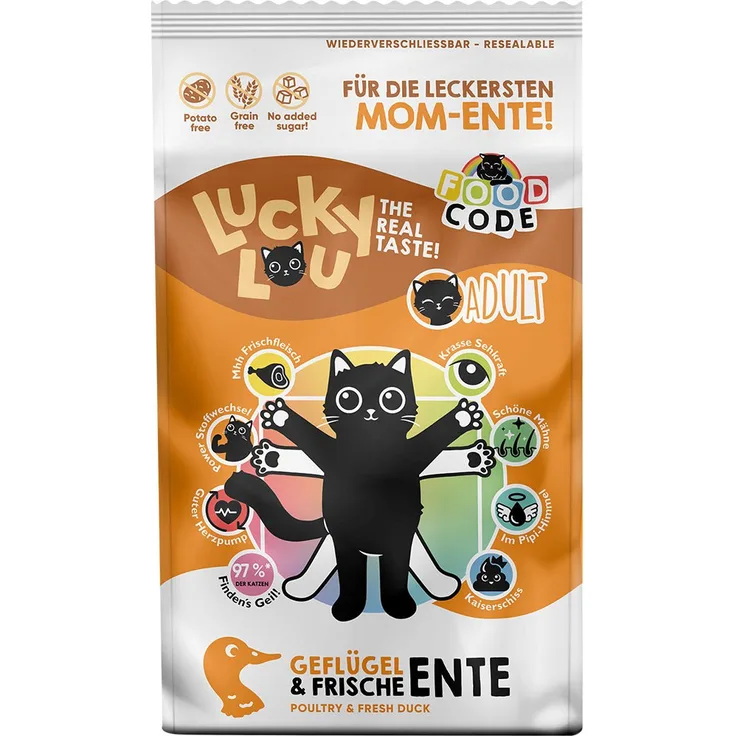 Lucky Lou Adult Geflügel und Ente, Katzen-Trockenfutter mit 8 Gesundheitsbenefits, 1,7kg