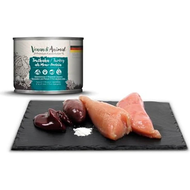 Venandi Animal Premium Nassfutter für Katzen, Probierpaket II, getreidefrei, Huhn + Kaninchen, Kalb, Truthahn, 6 x 200 g, 1.2 kg, naturbelassen – Bild 4