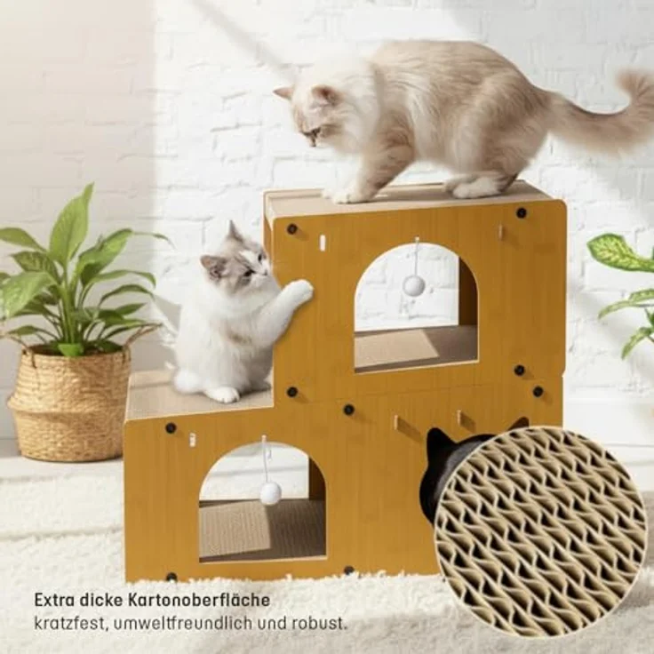 Roxlin ROXLIN Katzen TV-Möbel, Holzdesign in Gelb, modernes Katzenspielzeug mit Kratzfläche und Höhlen, stabiles Tunnel-Modell für Wohnzimmer – Bild 3