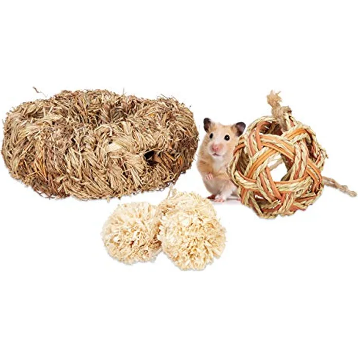 Relaxdays Hamster Zubehör Set 5 TLG., Naturmaterialien mit Grasröhre und 4 Bällen für Nager und Mäuse