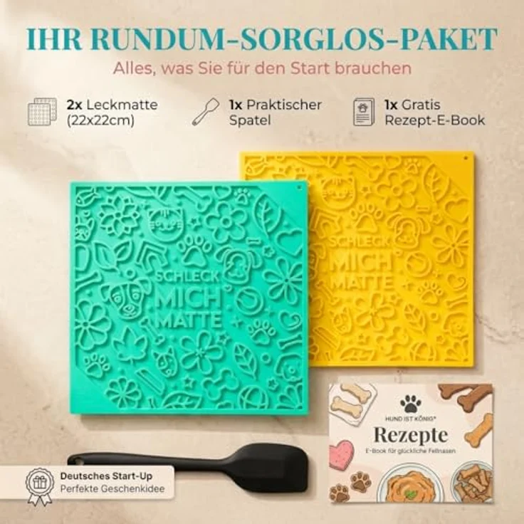 HUND IST KÖNIG Leckmatte Hund 22x22cm, rutschfest mit 72 Saugnäpfen, lebensmittelecht und spülmaschinenfest, inkl. Spatel und Rezepte-Ebook, 2 Stück – Bild 3