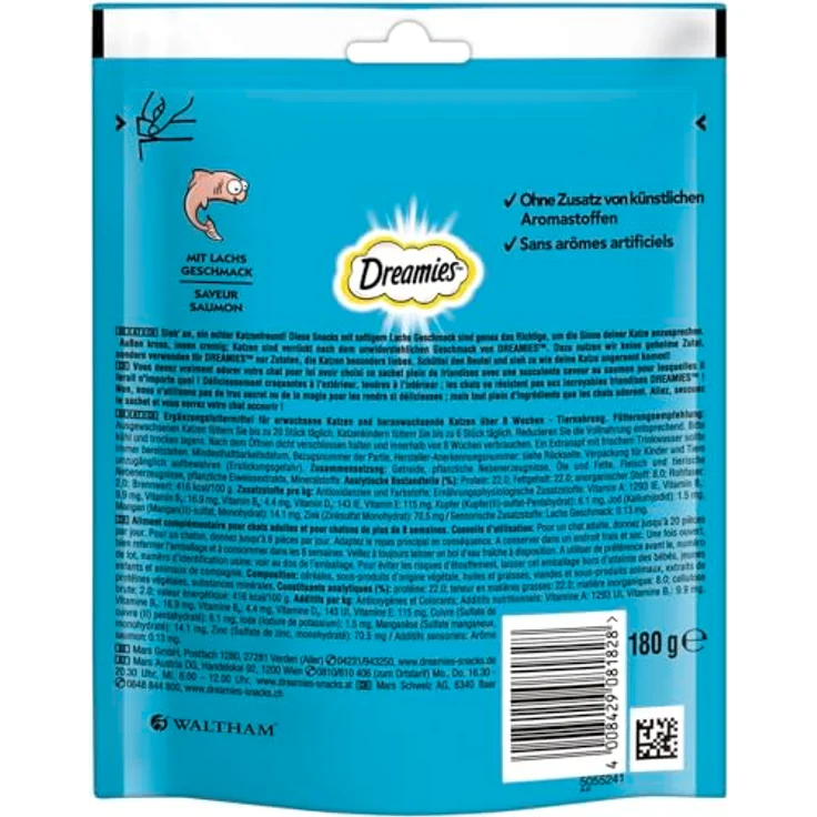 Dreamies Portionsbeutel mit Lachs, Katzensnack mit zweifacher Textur, 1 x 180g, ohne künstliche Aromastoffe – Bild 2