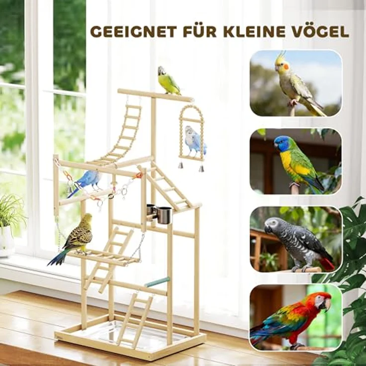 PawHut Vogelhaus mit Spielzeug, Naturholz, Edelstahlwanne für Nymphensittiche, Conures und Unzertrennliche – Bild 6