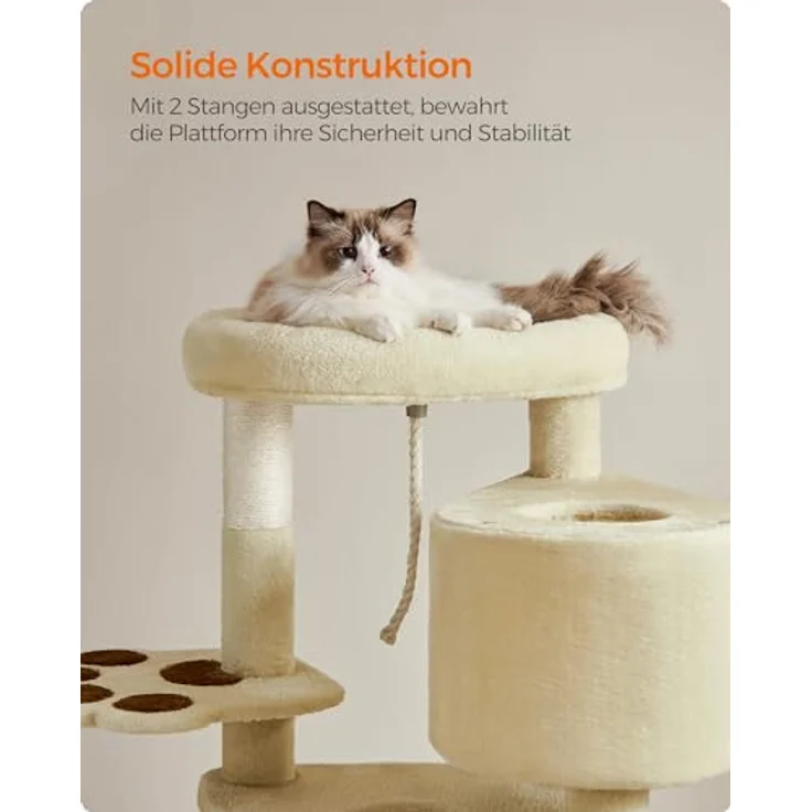 Feandrea PCT40M, mehrstöckiger Katzenkratzbaum mit Plattform, Höhle, Kratzrampe und 4 Kratzsäulen, für Katzen bis 7 kg, 49 x 49 x 95 cm, beige, einfache Montage – Bild 4