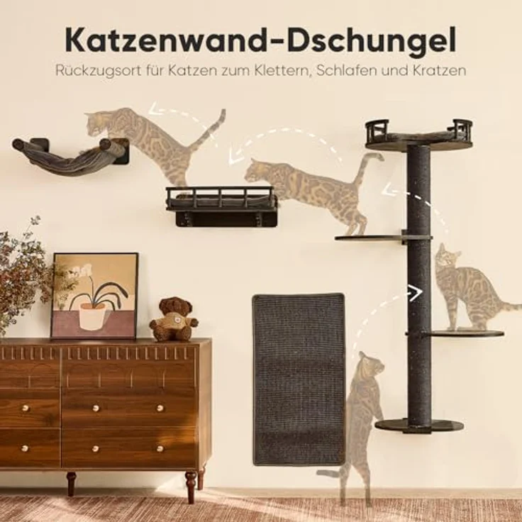 FUKUMARU Kletterwand Katzen-Set, 4 in 1 mit Hängematte, Kratzbaum, Wandregalen und Sisalmatte – Platzsparendes Wandmöbel für Katzen (Schwarz) – Bild 3