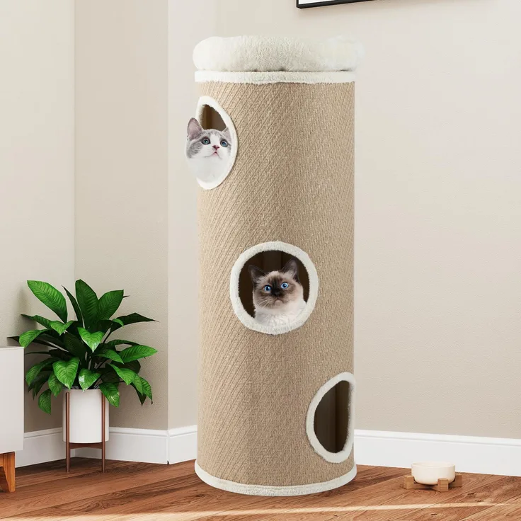GOPLUS Katzenbaum in Fässer-Form, Kratzbaum mit 3 Löchern, abnehmbarem Plüschbett und Bezug, beige