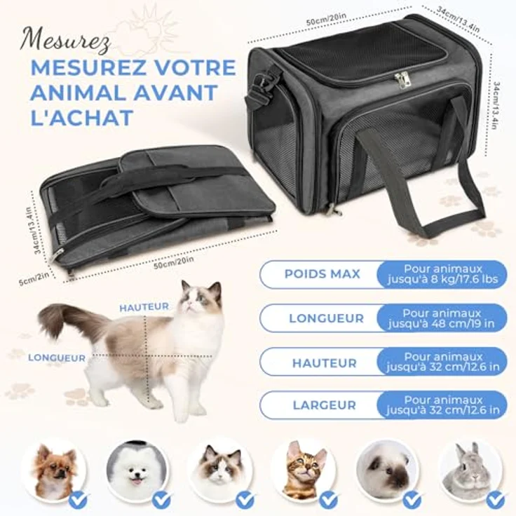 TOFFCAEA Transporttasche für Katzen und Hunde, faltbare Hundetransportbox, tragbar, bis 5 kg, dunkelgrau, L 50 x B 34 x H 34 cm – Bild 2