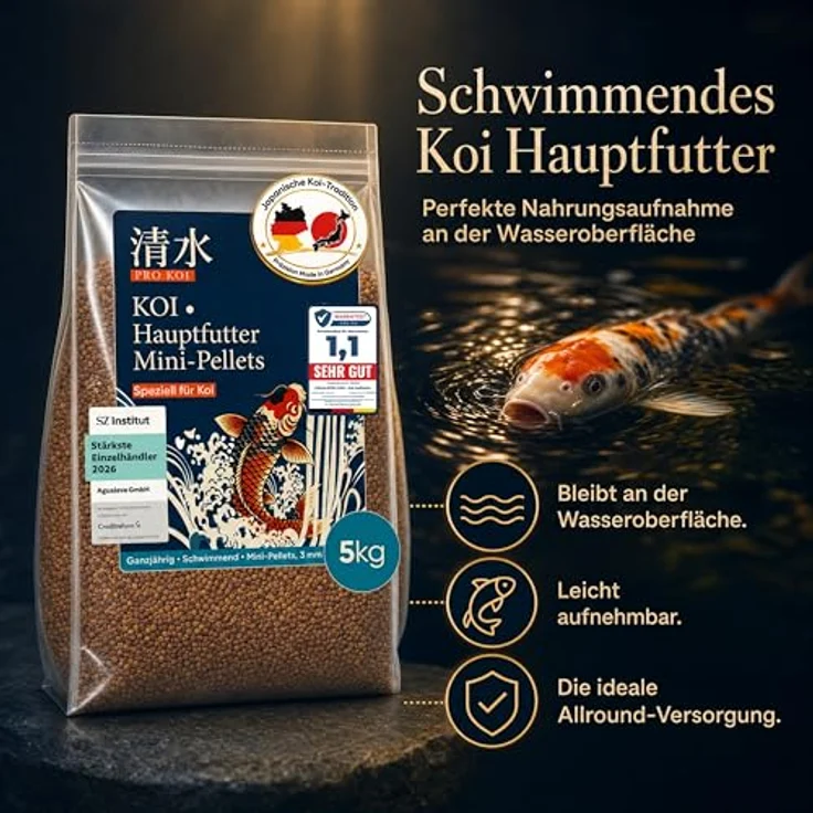 AGUALEVE PRO KOI Hauptfutter Mini-Pellets 15 L (ca. 5 kg) – schwimmende 3 mm Pellets für Koi, Vital-360°-Rezeptur mit Weizenkeim, Spirulina und Astaxanthin, Made in Germany – Bild 3