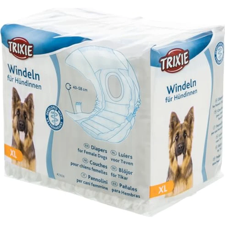 TRIXIE Windeln für Hündinnen Größe XL, saugfähige Hundewindeln bei Inkontinenz & Läufigkeit, 12 St. mit Gummizug für komfortablen Sitz, 40-58 cm Taillenumfang – Bild 1
