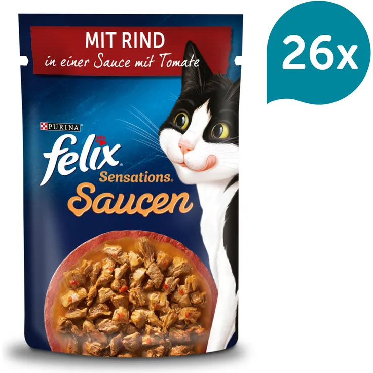 FELIX Sensations Saucen mit Rind und Tomate, Katzen-Nassfutter in 85g Beuteln, 100% ausgewogene Ernährung für ausgewachsene Katzen, 26er Pack