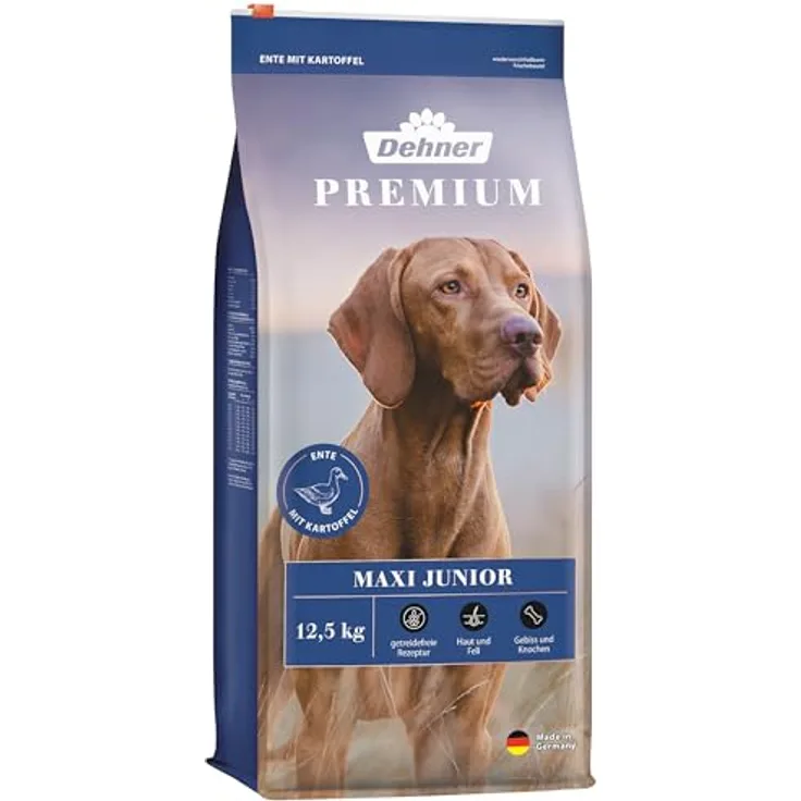 Dehner Premium Hundefutter Maxi Junior, getreidefreies Trockenfutter für große Rassen, Ente / Lamm / Kartoffel, 12.5 kg