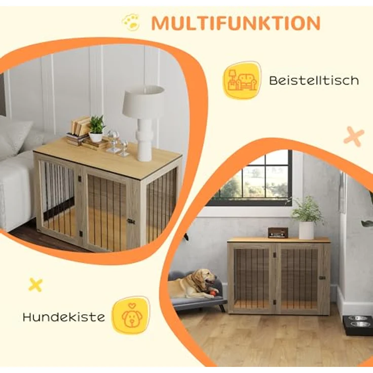 PawHut Hundekäfig Möbel, moderne Stahl Hundebox mit Türen und Fenster, geeignet für große Hunde bis 30 kg, Eiche, 106 x 60 x 76 cm – Bild 3