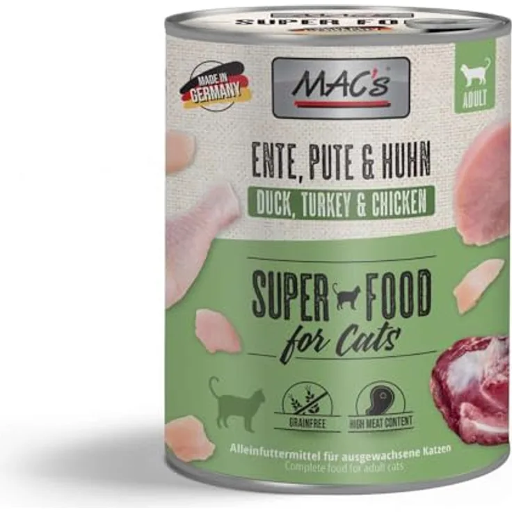 MAC's Cat Ente, Pute & Huhn (getreidefrei), Katzen-Nassfutter, 6 x 800 g, 70% hochwertiges Fleisch