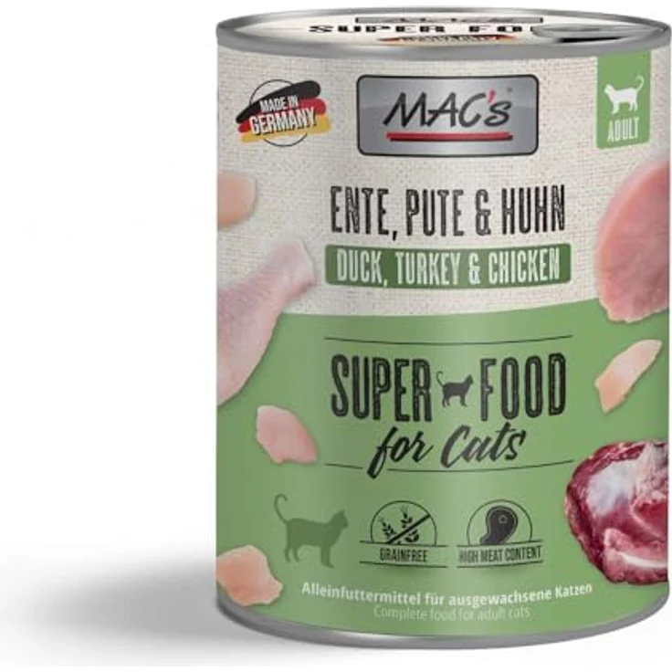 MAC's Cat Ente, Pute & Huhn (getreidefrei), Katzen-Nassfutter, 6 x 800 g, 70% hochwertiges Fleisch – Bild 1
