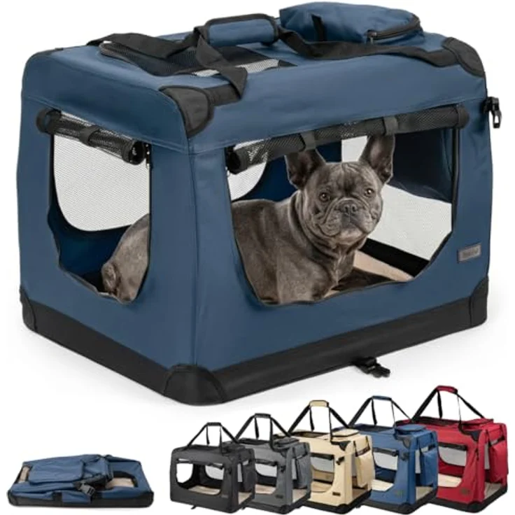 lionto Tiertransportbox, stabil und faltbar für Hunde und Katzen bis 15 kg, 70x52x50 cm, dunkelblau mit optimaler Luftzirkulation und abnehmbarem Innenkissen – Bild 1