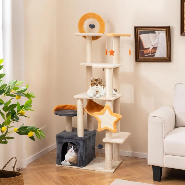 GOPLUS 160 cm Katzenbaum groß, Klettermöbel mit 2 Sitzstangen, Hängematte, Höhle, Sisalkratzbrettern, beige/dunkelgrau/orange