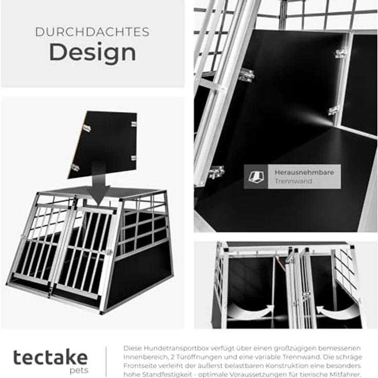 tectake® Doppel Hundebox Auto XL, Aluminium Transportbox für 2 Hunde, leicht und stabil, mit Trennwand - 97 x 90 x 69,5 cm – Bild 5