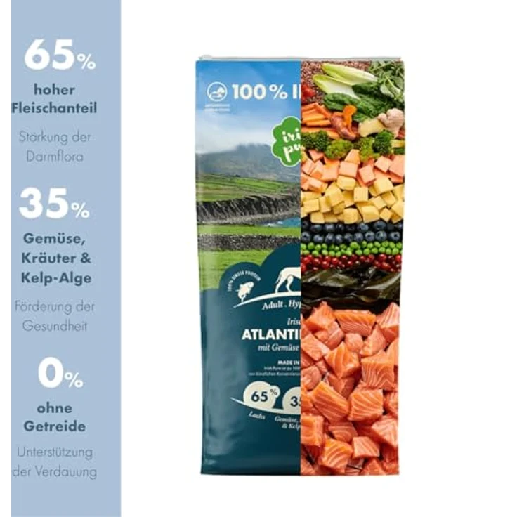 Irish Pure Hypoallergenes Trockenfutter Adult 12kg, Atlantik-Lachs mit Kelp-Alge & Gemüse, hoher Fleischanteil, getreidefrei, für alle Rassen – Bild 2