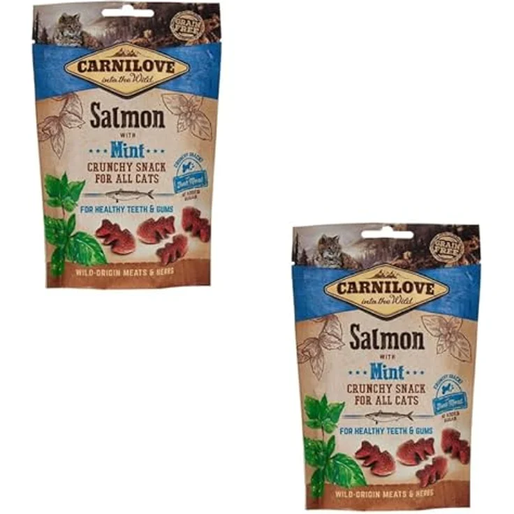 CARNILOVE Salmon with Mint, Doppelpack, 2 x 50 g - Ergänzungsfuttermittel für Katzen, unterstützt die Gesundheit von Zähnen und Zahnfleisch, ohne Zuckerzusatz – Bild 1