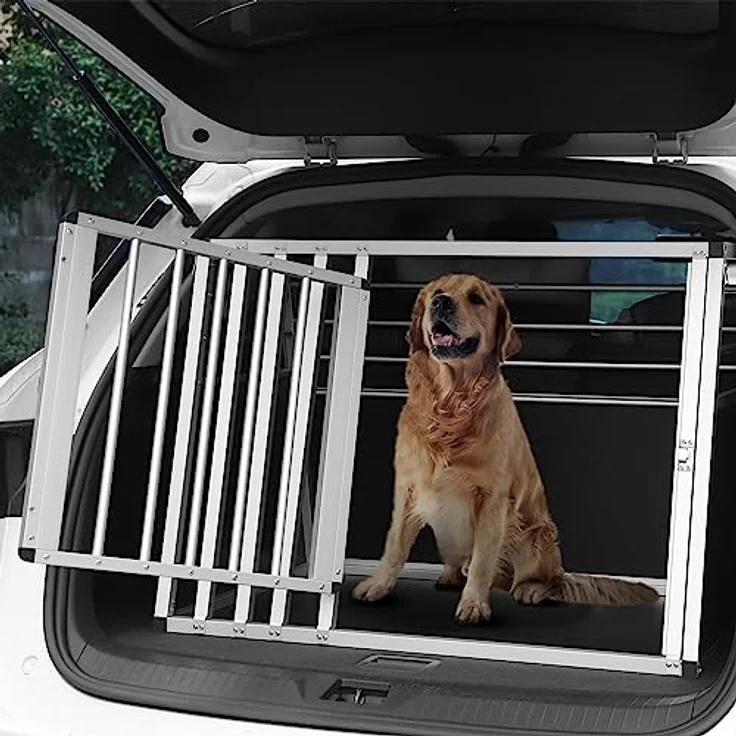 EUGAD Hundebox Auto Kofferraum, Aluminium Hundetransportbox für große mittlere Hunde, trapezförmig 92x65x66 cm mit Sicherheitsverschluss, leicht und stabil, für Zuhause und unterwegs – Bild 2