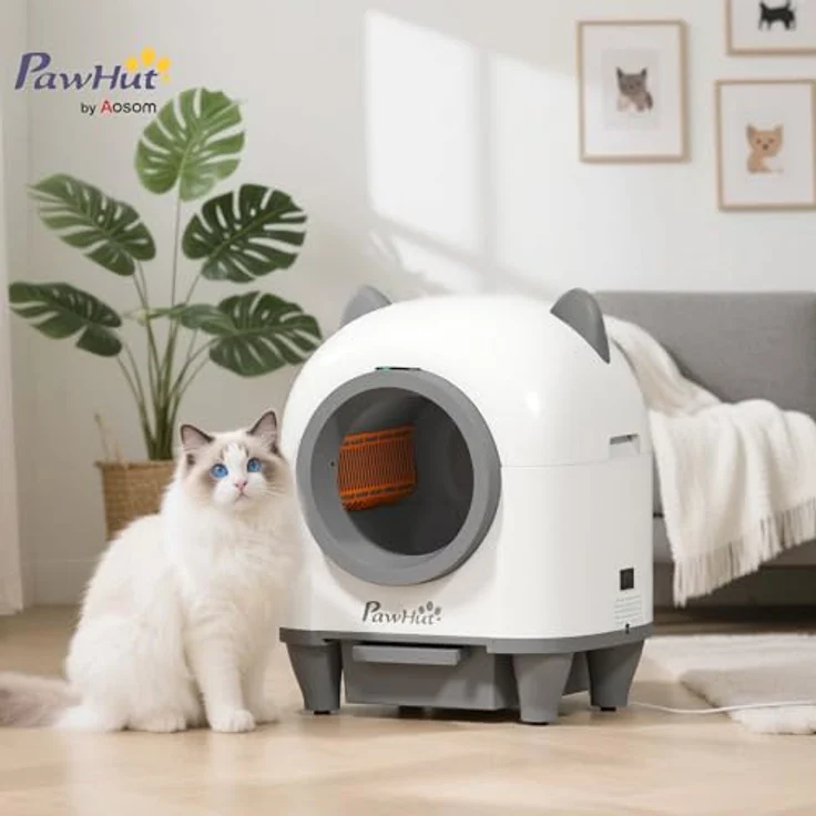 PawHut automatische Katzentoilette mit App-Steuerung, Geruchsbeseitigung und Mülleimer, weiß-grau, für mehrere Katzen – Bild 2