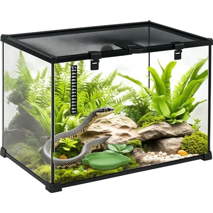 PawHut Terrarium für Reptilien, Glasterrarium mit Thermometer, ausbruchsicher, 50 x 30 x 35 cm, schwarz – Bild 1