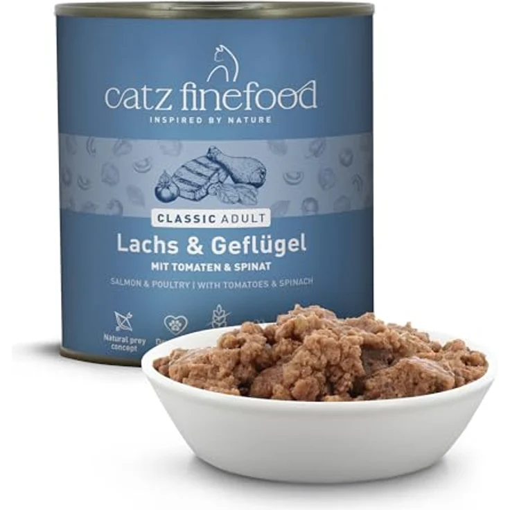 catz finefood N° 5 Lachs & Geflügel Feinkost Katzenfutter nass, 36% Lachs & 35% Geflügel, verfeinert mit Spinat & Tomate, 6 x 800g Dosen – Bild 2