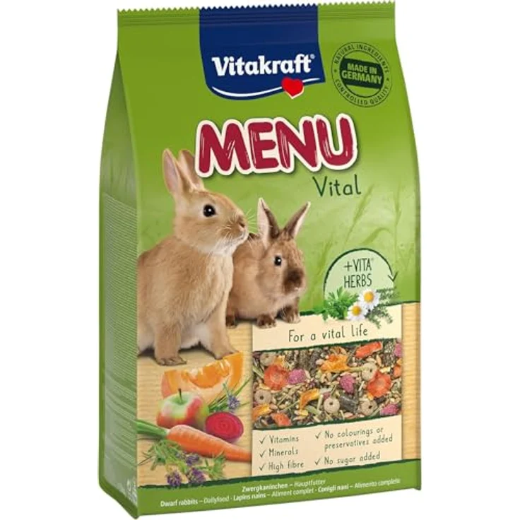 Vitakraft Menu Vital, Zwergkaninchen Futter mit Luzerne, Apfel und Kürbis, angereichert mit Kräutern, ohne Zuckerzusatz, 3kg – Bild 1