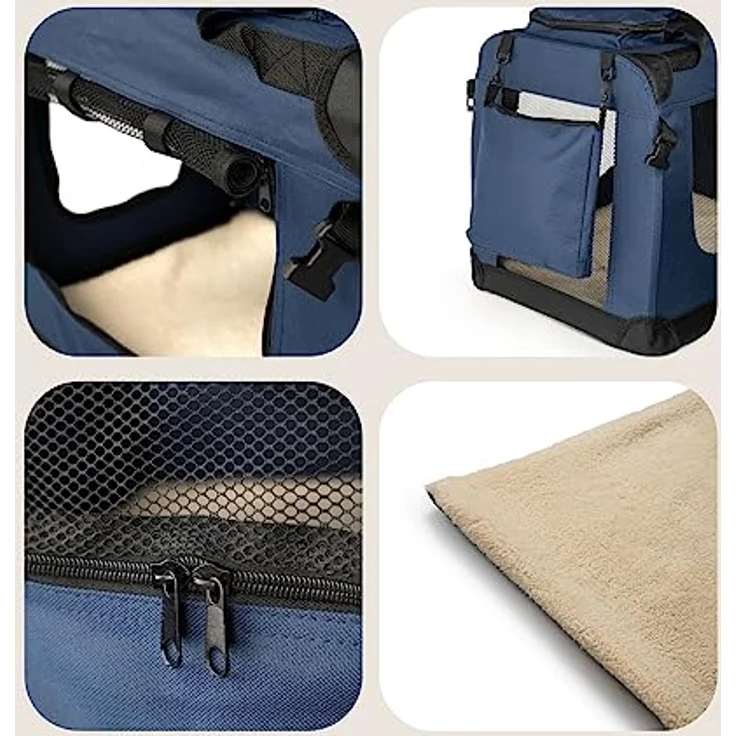 lionto Hundetransportbox faltbar, 50x34x36 cm, stabile Transportbox mit abnehmbarer Decke und Namensaufdruck für Katzen & Hunde bis 10 kg, dunkelblau – Bild 4