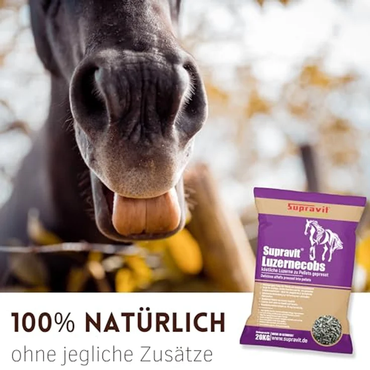 Supravit Luzernecobs 20kg, energiereiches Pferdefutter mit hohem Carotingehalt, staubfreie Pellets für Jung- und Sportpferde – Bild 5