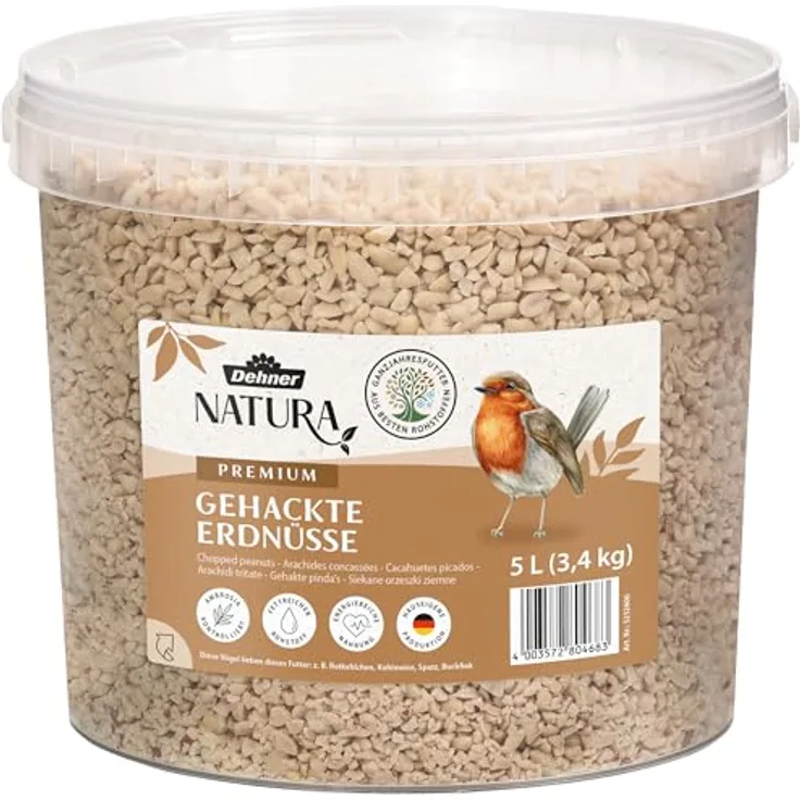 Dehner Natura Premium Wildvogelfutter, gehackte Erdnüsse schalenfrei, proteinreiches Ganzjahresfutter für Wildvögel, 3.4 kg