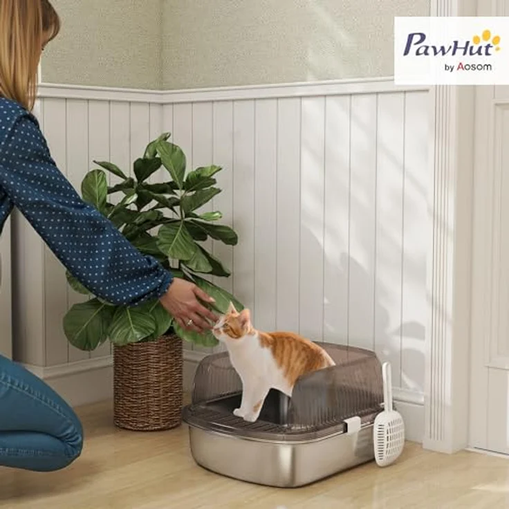 PawHut Edelstahl Katzenklo, offene Katzentoilette mit hohem Rand, Wanne und Streuschaufel, für große Katzen bis 15 kg, 53 x 42 x 27 cm, Kohlegrau – Bild 2