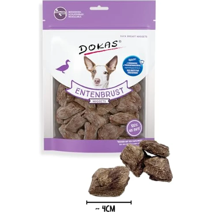 DOKAS Gefriergetrocknete Premium Nuggets für Hunde, 110 g Entenbrustfilet, fettarm, soja-, gluten- und getreidefrei, SGS geprüft – Bild 2