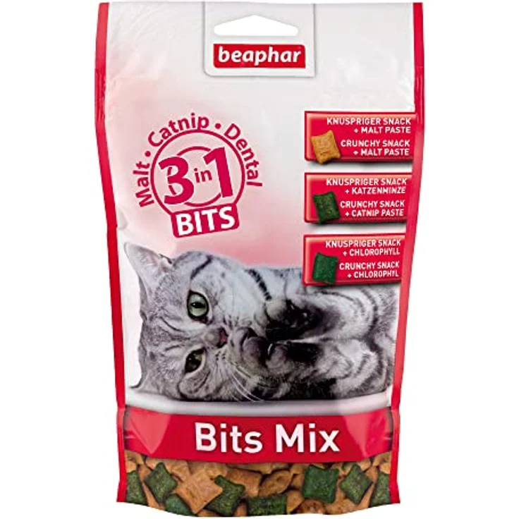 Beaphar Bits Mix, Katzensnack-Sparpaket mit 3 Sorten, 3 x 150 g, inklusive Malt-Bits, Catnip-Bits und Zahnies – Bild 1