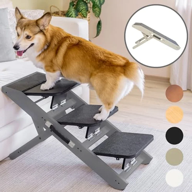 PRIORPET Hundetreppe 2-in-1 Treppe/Rampe, höhenverstellbar 18-50 cm, rutschfeste Gummioberfläche, massive Birkenholzkonstruktion, grau – Bild 1