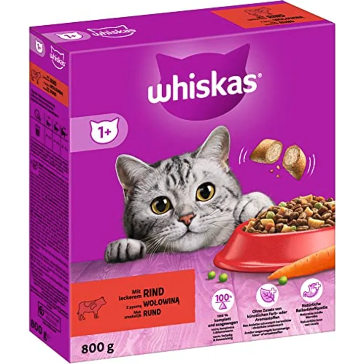 Whiskas 1+ Adult Trockenfutter, 800g, mit lecker gefüllten Knackits®, für gesunde Haut und Fellpflege