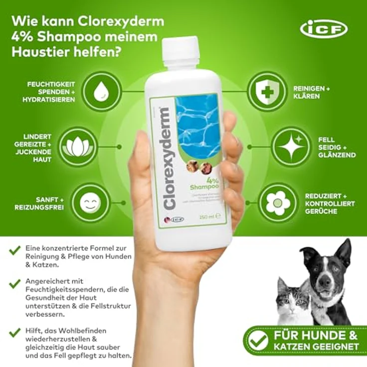 ICF Clorexyderm 4% Shampoo für Hunde, Katzen & Pferde | Tiefenreinigung, Hautfeuchtigkeit & Pflege | Sanfte Formel für alle Rassen, 200ml – Bild 2