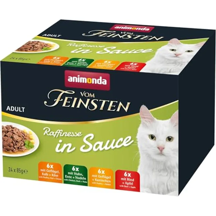 animonda Vom Feinsten Premium Katzenfutter nass Raffinesse in Sauce, 24 Portionsbeutel (24 x 85g), hochwertiges und zuckerfreies Nassfutter mit frischen fleischigen Zutaten